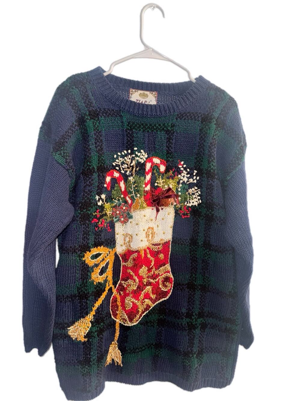 VTG 90s Tiara International Ugly Christmas Sweater M Stocking Beaded Plaid NWT